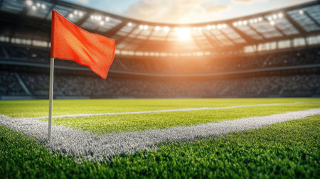 Corner flag fluttering slightly in an empty football stadium, with the green pitch and white markings under bright sunlight.の素材