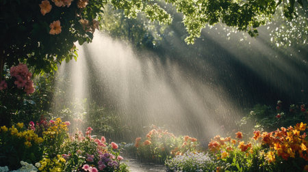 A misty spray from a garden hose watering a colorful bed of flowers and shrubs, with sunlight streaming through the treesの素材