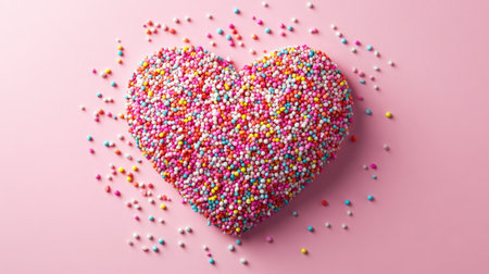 A heart-shaped pile of candy sprinkles arranged on a pastel-colored background for a fun and sweet designの素材