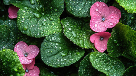 A macro shot of water droplets on fresh leaves and flower petals after a summer watering session, capturing the beauty of natureの素材