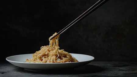 A minimalist shot of fried bee hoon in a white plate, with chopsticks poised to pick up a bite, set against a dark backgroundの素材