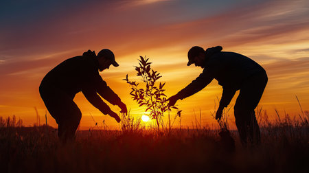 A moment of teamwork as two men stabilize a tree sapling in the ground, with the sun setting in the background for a warm, peaceful sceneの素材