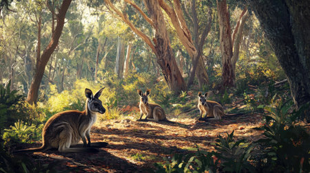 A group of wallaby kangaroos resting under the shade of gum trees on a sunny day, surrounded by native flora and faunaの素材