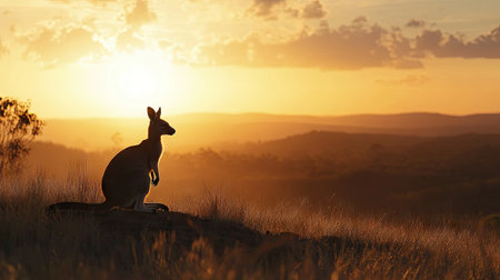 A lone wallaby kangaroo silhouetted against the setting sun, standing on a hill with a wide view of the Australian wildernessの素材