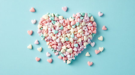 A heart-shaped pile of candy sprinkles arranged on a pastel-colored background for a fun and sweet designの素材