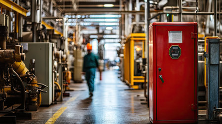 A fire hose cabinet in a factory setting, surrounded by machinery, with a worker walking by in the backgroundの素材
