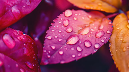 A macro shot of water droplets on fresh leaves and flower petals after a summer watering session, capturing the beauty of natureの素材
