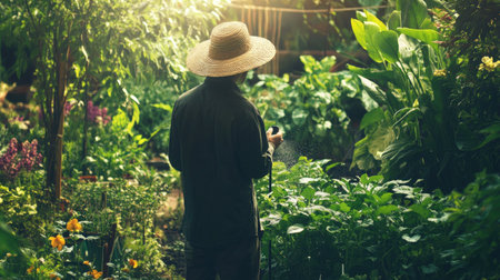 A gardener in a straw hat standing in a lush summer garden, gently watering vegetable plants from a hose, with vibrant greenery all aroundの素材
