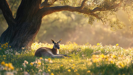 A peaceful scene of a wallaby kangaroo resting under a large tree, surrounded by native Australian wildflowers and soft sunlightの素材