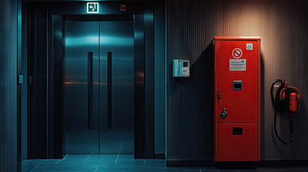 A fire hose cabinet located near an elevator in a high-rise building, with a clear fire safety label on the door for easy identificationの素材