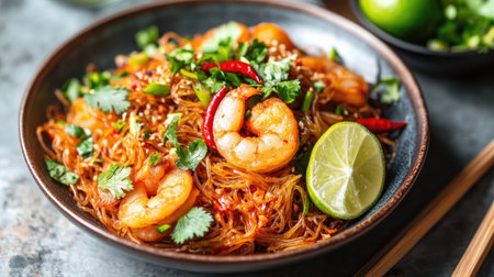 Close-up of fried bee hoon garnished with fresh coriander, chili slices, and a wedge of lime for a vibrant touchの素材