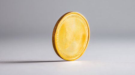 A single gold coin dollar standing upright on its edge against a plain background, representing balance and stability in financeの素材