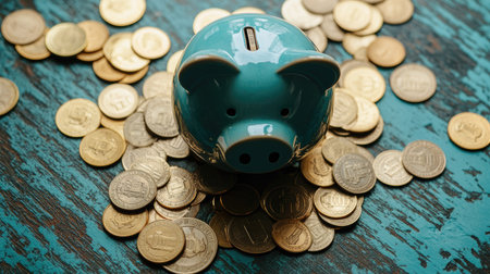A piggy bank surrounded by gold coin dollars, with some coins spilling out onto the table, symbolizing savings and financial securityの素材