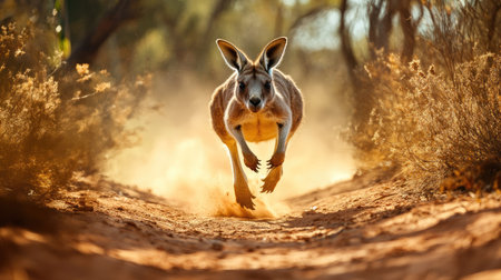 A wallaby kangaroo hopping along a dirt path in the wild, leaving footprints in the dusty red soil as it moves through the landscapeの素材