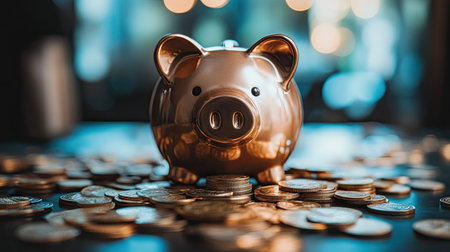 A piggy bank surrounded by gold coin dollars, with some coins spilling out onto the table, symbolizing savings and financial securityの素材