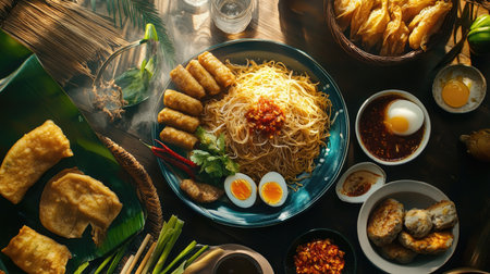 A traditional breakfast spread featuring fried bee hoon with a side of fish cakes, eggs, and chili sambalの素材