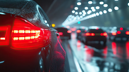 Close-up of car taillights in a congested tunnel, vehicles packed together with limited movement.の素材