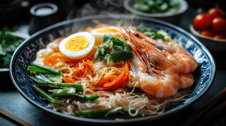 A plate of steaming hot fried bee hoon with sliced vegetables, egg, and prawns, served on a traditional Chinese plateの素材