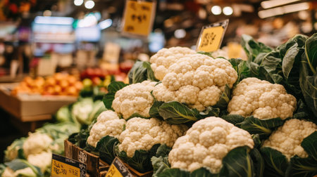 A pile of organic cauliflower at a grocery store or market, with price tags and labels visible in the backgroundの素材