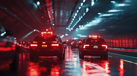 Emergency vehicles navigating through traffic in a tunnel, sirens and lights flashing as they pass cars.の素材
