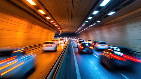 Heavy traffic in a modern urban tunnel, vehicles in both directions with blurred motion of cars in the foreground.の素材