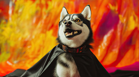 Adorable husky dog dressed in a classic Dracula costume, complete with a cape and fangs, posing playfully on a colorful Halloween backdrop.の素材