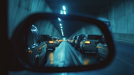 Highway tunnel traffic from a rear view mirror reflection, showing cars lined up behind.の素材