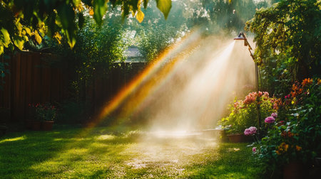 A wide-angle view of a backyard garden being watered with an oscillating sprinkler, with sunlight creating a soft rainbow effect in the mistの素材
