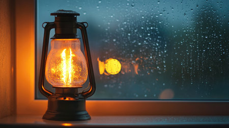 Minimalist oil lamp placed on a windowsill, the flame providing soft light against a rainy backdrop.の素材