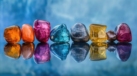 Abstract arrangement of colored stones on a reflective surface, their bright colors amplified by the surrounding reflections.の素材