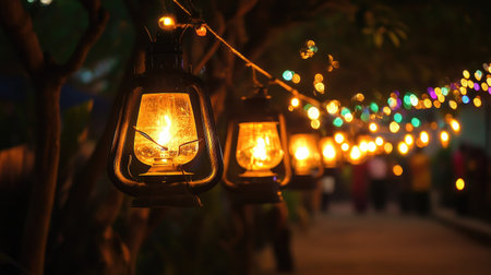 Nighttime outdoor gathering illuminated by a row of hanging oil lamps, their warm light adding a festive atmosphere.の素材