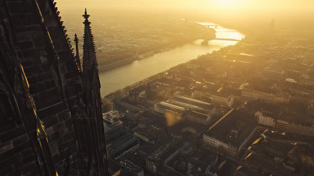 A view from the top of Cologne Cathedral's tower, showing the sprawling city below and the Rhine River snaking through it.の素材