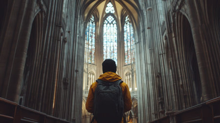 Tourist admiring the grand interior of Cologne Cathedral, standing in awe beneath the tall arches and stained glass.の素材