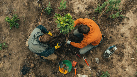 A top-down view of two men kneeling on the ground as they plant a tree, surrounded by gardening tools and freshly dug earthの素材