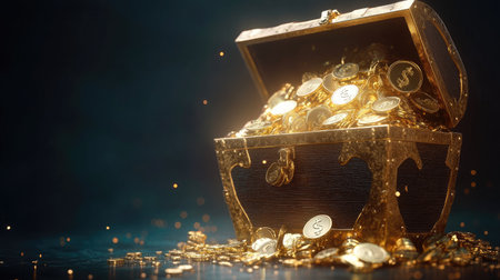 A treasure chest overflowing with shiny gold coin dollars, set against a dark background for a dramatic, treasure-hunt themeの素材