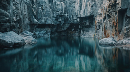 Serene water-filled quarry surrounded by steep rock walls, creating a tranquil lake with crystal-clear reflections.の素材