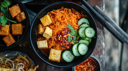 Fried bee hoon served in a food court setting, with a side of sambal chili, cucumber slices, and fried tofuの素材