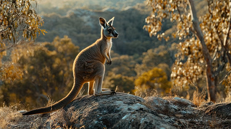 A wallaby kangaroo standing by a rocky outcrop, its tail balancing its body as it scans the surrounding bushland for dangerの素材