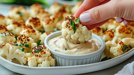Cauliflower florets being dipped into a creamy sauce on a platter, served as a healthy appetizer at a party or gatheringの素材