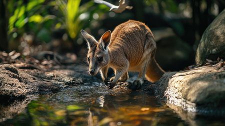 A wallaby kangaroo cautiously approaching a small stream in the wild, ready to drink from the clear water as birds fly overheadの素材