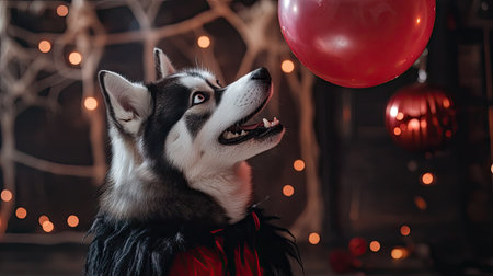 Adorable husky in a Dracula outfit playfully chasing after a floating Halloween balloon, set against a backdrop of festive decorations.の素材