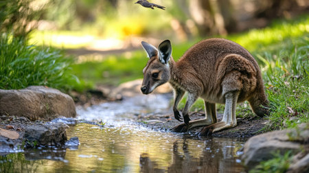 A wallaby kangaroo cautiously approaching a small stream in the wild, ready to drink from the clear water as birds fly overheadの素材