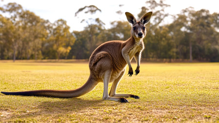 A wallaby kangaroo standing on alert in an open field, with its large feet and powerful tail visible, showcasing its natural agilityの素材