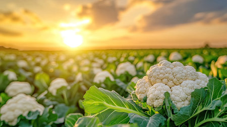Cauliflower growing in a field, nestled among green leaves, with the sun setting in the background for a farm-to-table feelの素材