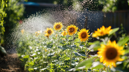Water being sprayed onto a row of sunflowers in a summer garden, with the bright yellow flowers glowing in the afternoon sunの素材