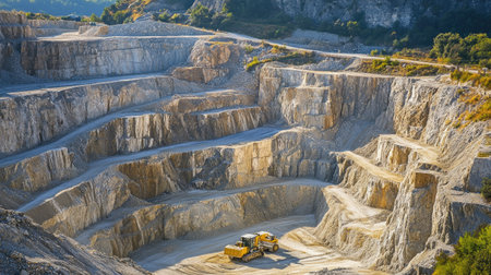Wide view of a large open quarry with steep, terraced rock walls and heavy machinery working below under a clear sky.の素材