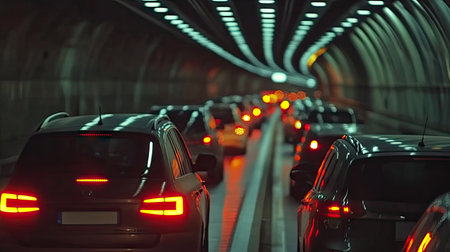 Smooth flow of traffic through a tunnel at dusk, cars moving in an orderly fashion with soft lighting overhead.の素材