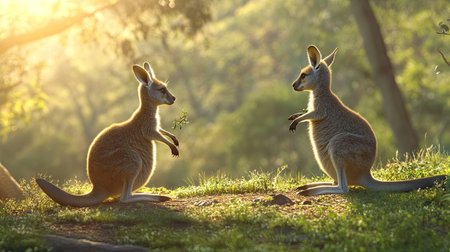 Two wallaby kangaroos playfully interacting on a grassy slope, with the sun shining down on the peaceful natural settingの素材