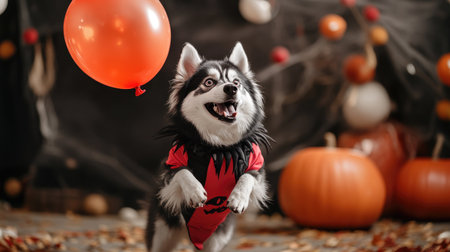 Adorable husky in a Dracula outfit playfully chasing after a floating Halloween balloon, set against a backdrop of festive decorations.の素材