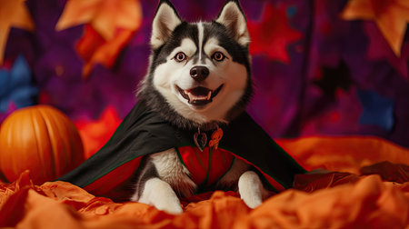 Adorable husky dog dressed in a classic Dracula costume, complete with a cape and fangs, posing playfully on a colorful Halloween backdrop.の素材